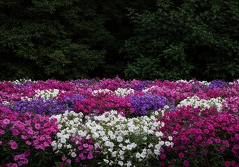 Fototapeta premium A dense, vibrant tapestry of pink, purple, and white flowers creating a repeating natural floral pattern in a carefully manicured garden bed, pink, tranquil, petal
