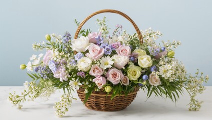 Delicate blossoms gracefully cascade from a woven basket, enhancing springtime festivities