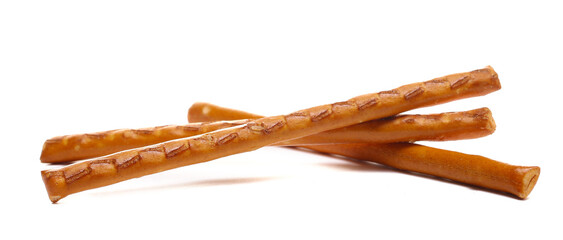 Salty cracker pretzel sticks isolated on white background, side view