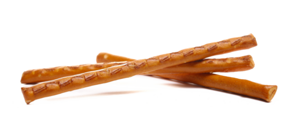 Salty cracker pretzel sticks isolated on white background, side view