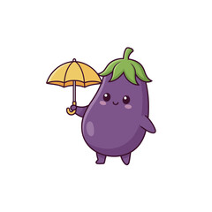 Cute Cartoon Eggplant Holding a Yellow Umbrella, Smiling and Happy Vegetable Character for Rain, Food, and Nature Themes Vector Illustration Isolated on White Background.