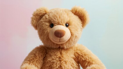 Obraz premium Teddy bear placed on a soft pastel background, suitable for children's themes