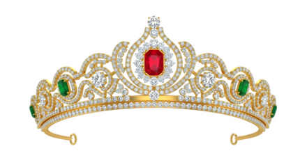 A luxurious gold tiara with diamonds, emeralds, and a ruby