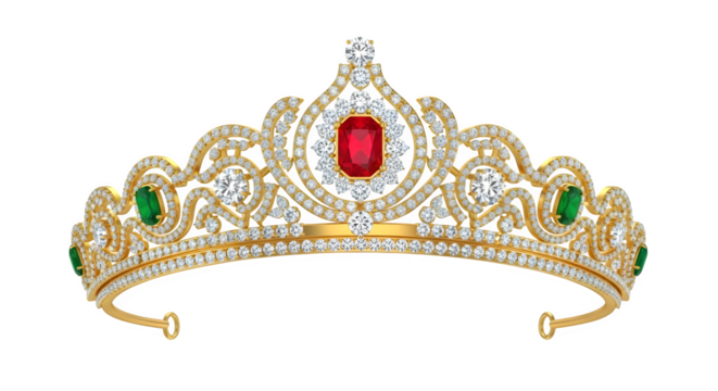 A luxurious gold tiara with diamonds, emeralds, and a ruby