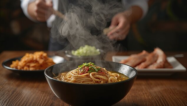 Noodles with steam and smoke in a bowl on a wooden surface, processed food risk