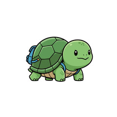 Cute cartoon little turtle character wearing a blue backpack, slow traveler or student mascot, adorable animal with gear, flat vector illustration on white background