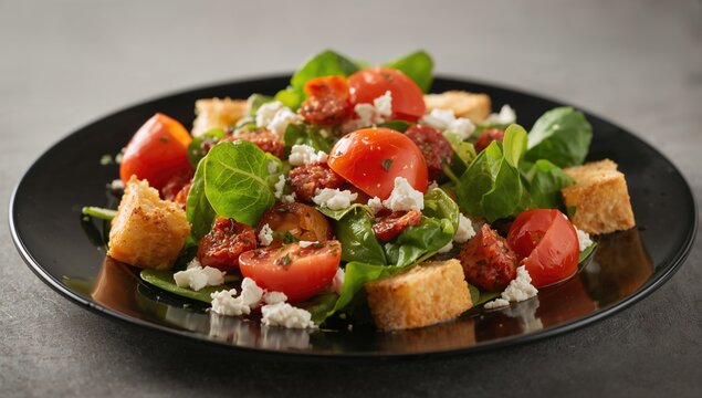 Chorizo and tomato salad featuring spinach, feta, and croutons served on a black plate, fiber-dense choice