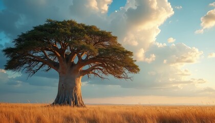 Lonely tree stands in field under cloudy sky. Savannah landscape shows golden grass under sunlight. African nature displays beauty. Majestic tree represents life, tranquility at sunset. Scenic