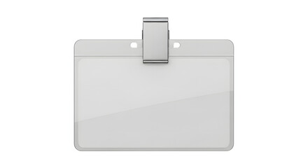 A blank employee ID badge on a gray background, showcasing a clear name tag with a metal clip. The badge is designed for easy identification and professional use