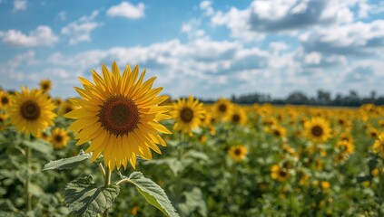Obraz premium Sunflower fields in bloom under a clear sky, ideal for vegetable cultivation