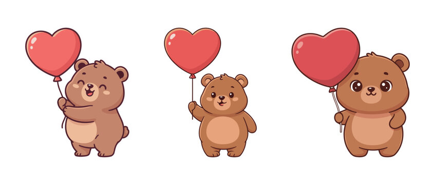 Three cartoon teddy bear characters holding red heart-shaped balloons, cute set for Valentine's Day, love, romance, and celebration, vector illustration