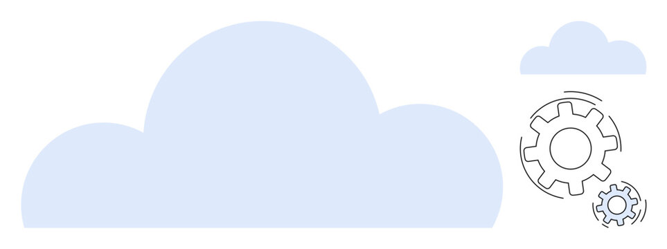 Large blue cloud with spinning gears signifies cloud computing, automation, data processing, and technological synchronization. Ideal for IT solutions, software development, cloud infrastructure