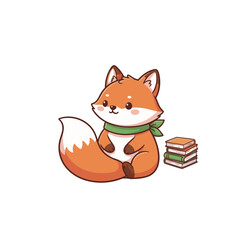 Cute cartoon fox character wearing a green scarf and sitting next to a pile of books, smart reader or student animal mascot, simple vector illustration