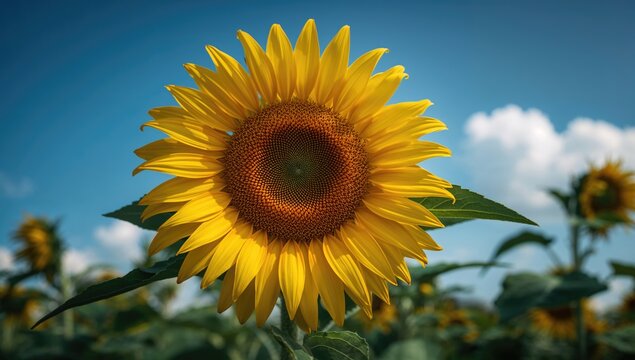 Sunflower close-up with vibrant blue sky, showcasing agricultural beauty and seasonal spring growth