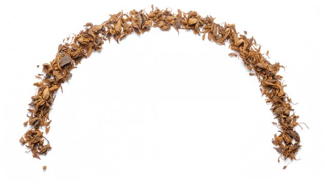 Top view of a semicircular arrangement of dried tea leaves on a white surface, suitable for text placement