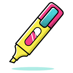 Yellow highlighter marker with a magenta and cyan cap used for emphasizing text. Vector illustration for office supplies, writing tools, school, and design resources
