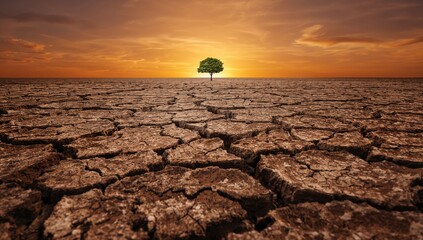 Arid cracked earth with a solitary green tree under an orange sunset, symbolizing climate change.