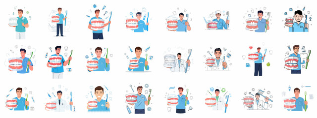 Obraz premium Dentists and Dental Hygienists Vector Illustration Set: Professionals presenting jaw models, oversized toothbrushes, and oral hygiene tools for comprehensive dental care.