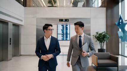 Two professional Asian male colleagues exit an elevator into a bright corporate lobby, actively discussing strategy and plans for a future project with a gentle forward motion.