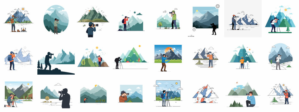 Outdoor landscape photography vector illustration collection featuring professional photographers capturing mountain scenery and nature. - Powered by Adobe