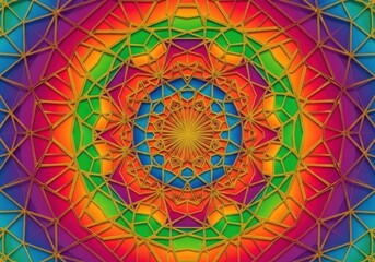 Vibrant rainbow geometric mandala with intricate patterns and symmetrical design