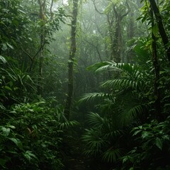 Obraz premium Dense, verdant tropical rainforest ecosystem displaying lush green foliage, high humidity, exotic plants, and dripping water droplets, vitality, tropical, biodiversity