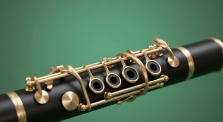 Detailed close-up of a clarinet with gold keys against a green backdrop