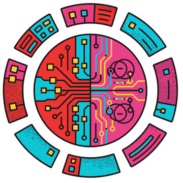 Hybrid quantum classical system abstract circuit board design. Vector illustration of digital technology, parallel computing, and complex data processing