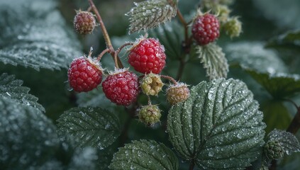 Close-up of ripe red raspberries on a green plant surrounded by frost-covered leaves, seasonal change