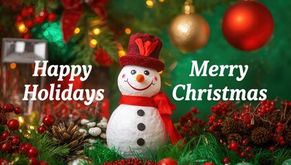 Snowman decoration with text wishing happy holidays, festive spirit