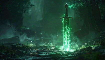 Mysterious glowing sword embedded in lush forest floor emitting vibrant green energy particles in ethereal light