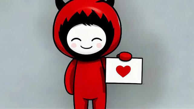 Cheerful Red Devil Kid: Heart Sign Mascot Illustration