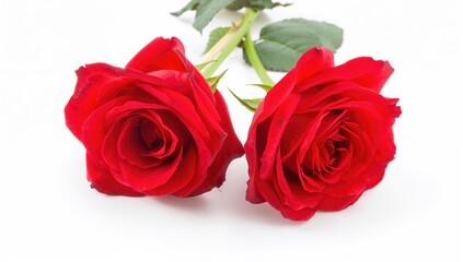 Fototapeta premium Two red roses on a white backdrop, ideal for editorial design
