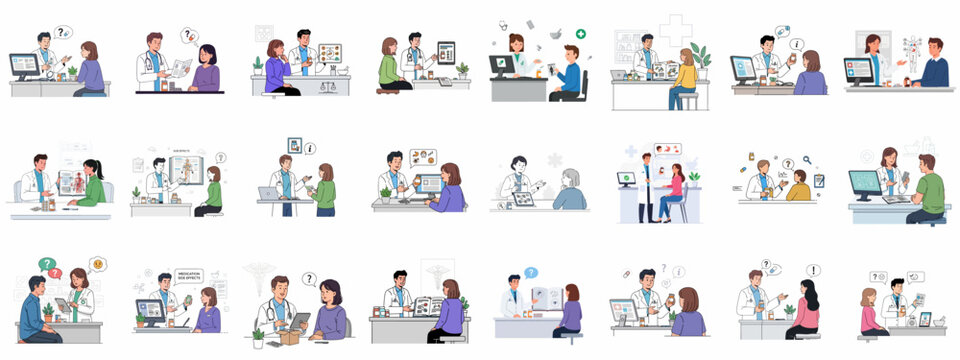 Healthcare consultation illustrations showing doctors explaining medication, side effects, and prescriptions to patients in a medical office setting.
