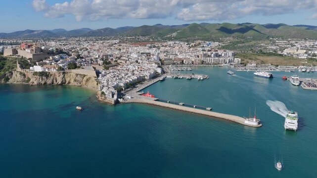 Aerial View of Dalt Vila (Eivissa Old Town) and the Busy Boat and Ferry Marina in Ibiza, Balearic Islands	