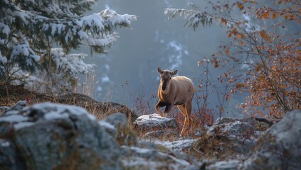 Tatra chamois in a forest landscape during winter, showcasing wildlife adaptation to seasonal changes