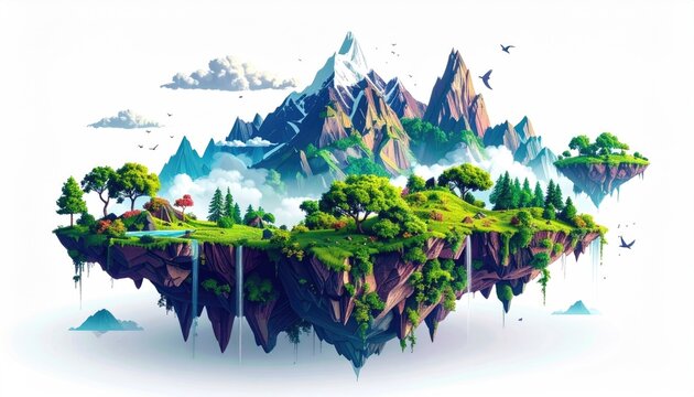 Pixel Art Floating Islands With Majestic Mountains Cascading Waterfalls Lush Greenery And Birds Flying In A Dreamlike Sky On White Background