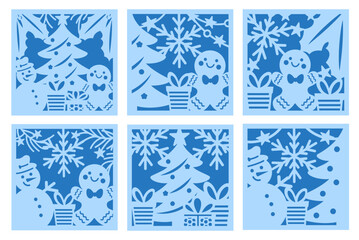 Set of 6 Christmas card with tree, gingerbread and snowman, Winter scene, svg layered