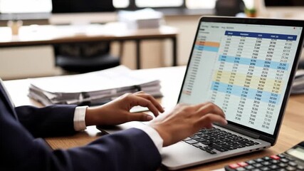 Focused finance professional at her desk, typing on a laptop and analyzing a blurred spreadsheet. Over-the-shoulder view captures the intensity of corporate accounting. - Powered by Adobe