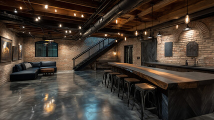 Rustic basement interior design with bar and seating area rendering
