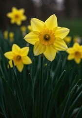 Obraz premium Vibrant yellow daffodils blooming in a sunny field, symbolizing the arrival of spring and new life, captured in detailed macro view ,flora ,meadow ,beauty