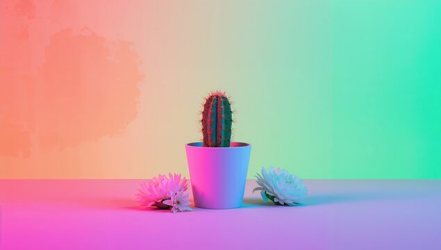 Neon Cactus, vibrant desert plant arrangement, ideal for editorial header background