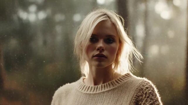 A blonde woman with braided hair wearing a chunky knit sweater stands in the rain, with a blurred forest background.
