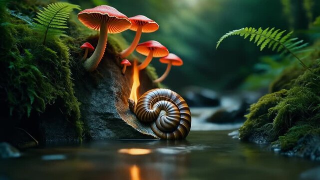 Cinematic Macro of Ancient Ammonite, Glowing Mushrooms & Fern by Forest Stream