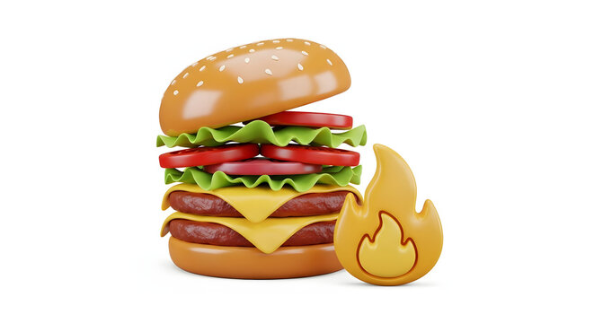 3D illustration of a hot and spicy double cheeseburger with fresh toppings and a flame icon, isolated on a white background. - Powered by Adobe