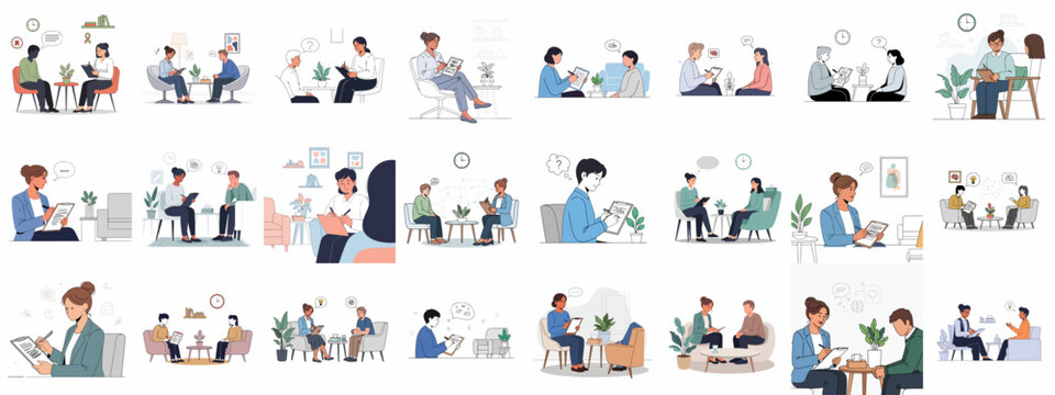 Professional therapy and counseling sessions illustration set featuring diverse patients and psychologists discussing mental health, stress, and psychological support.
