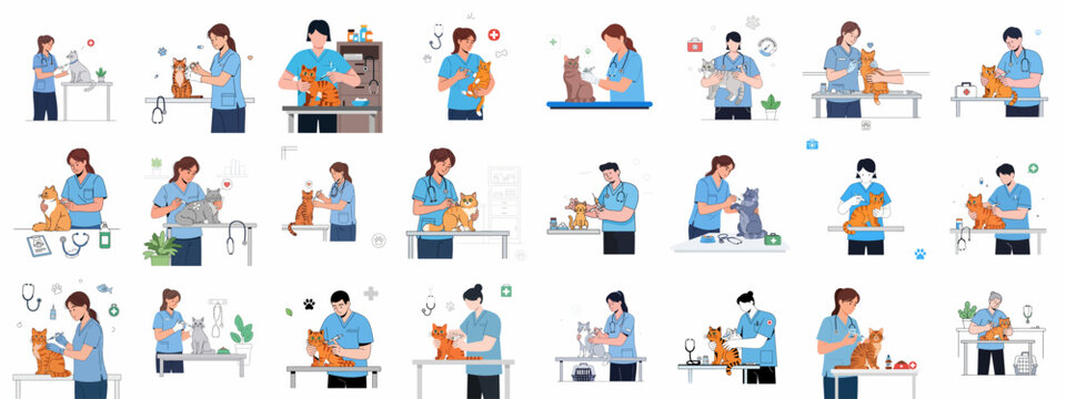 A large collection of flat vector illustrations depicting veterinarians providing comprehensive medical care, vaccination, and examination services for domestic cats in a clinical setting.