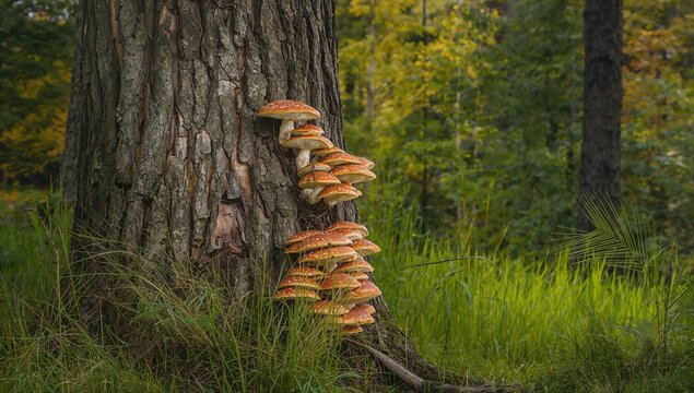 Mushrooms thriving on tree trunks in an autumn forest, highlighting natural growth patterns