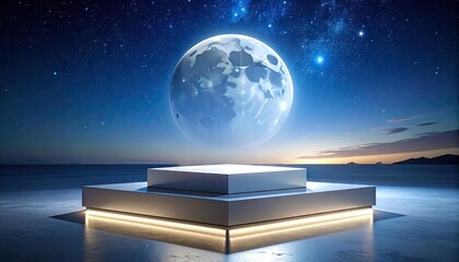 Pixelated Moon Rises Over Futuristic Podium Under Starry Night Sky with Cityscape Silhouette and Warm Lights