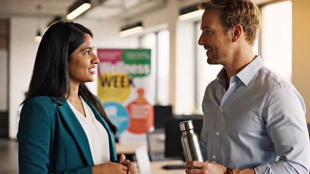 A smiling female benefits coordinator promotes a healthy lifestyle by handing a reusable water bottle to a male colleague during a corporate wellness week event in a modern office.